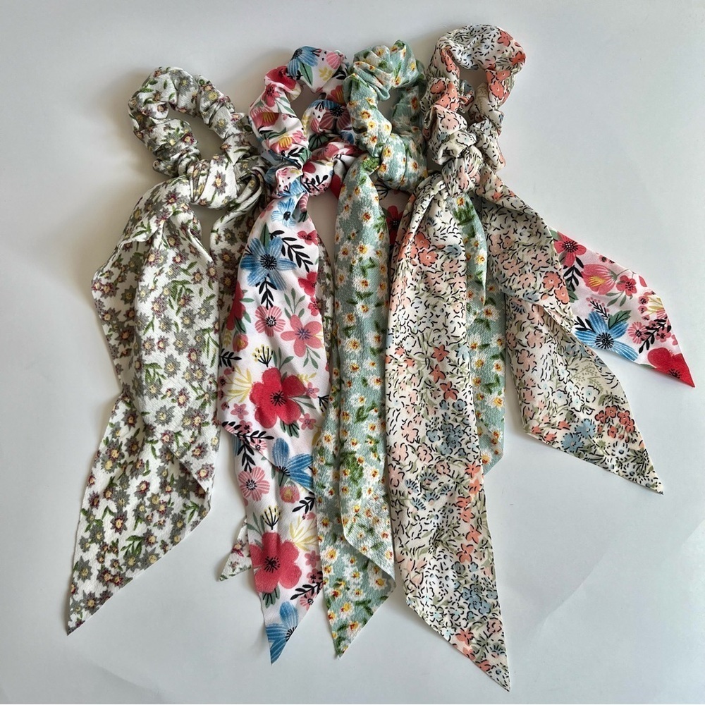 Set of 4 Long Scarf Floral Colorful Scrunchies - Picture 2 of 6